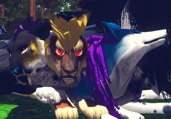 raikou entei suicunes head from within the fluff of another wolf