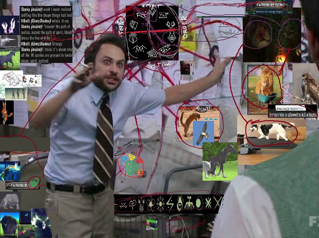 meme screencap of tv show character with conspiracy images connected on wall edited in cereal soup images